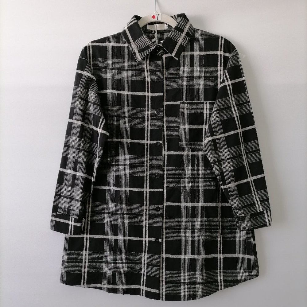 NWT Grace & Chili Womens Black Collared 3/4 Sleeve Plaid Button Up Shirt Size S